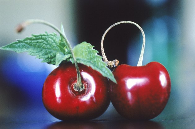 Red cherries with leaf, close-up