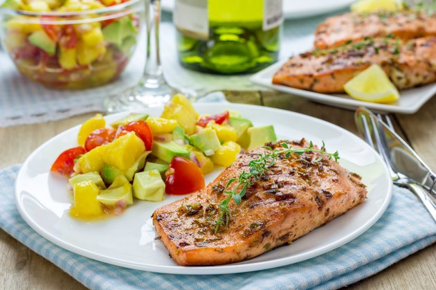 Spice grilled salmon with mango-avocado salsa on a white plate