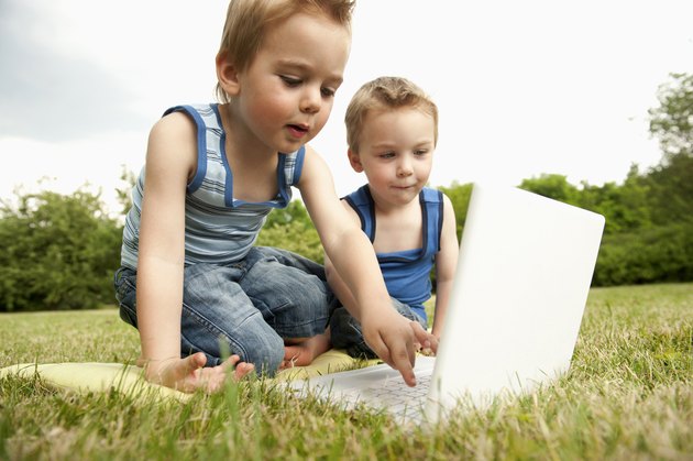 Twin brothers in park using laptop