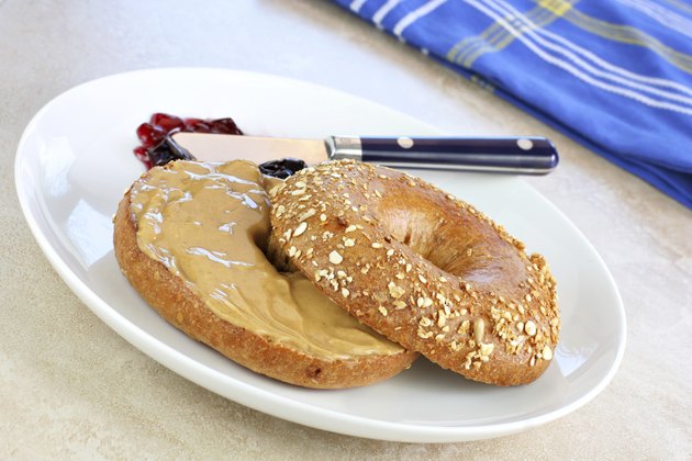 Healthy oat bran bagel and peanut butter.