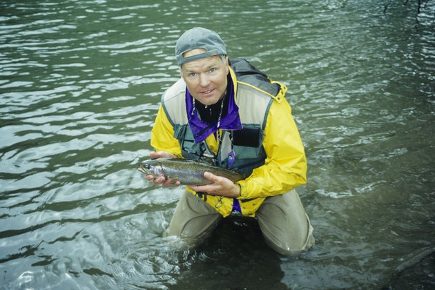 Fisherman with just-caught fish crouching in water, elevated view