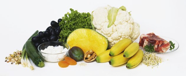 Fruit and vegetables, with nuts, meat and dairy products, used in raw food diet