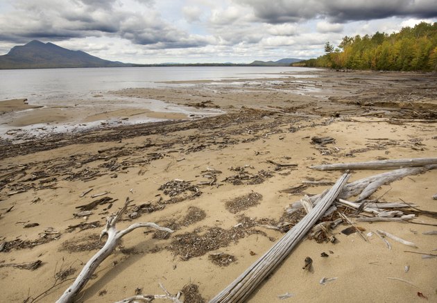 Low water makes a wide beach at Flagstaff Lake, Maine.