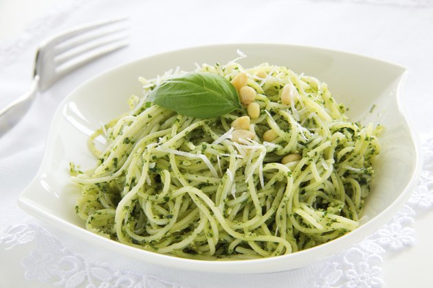 Spaghetti with pesto sauce.