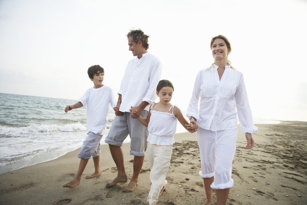 Family walking on beach, son and daughter (7-9) holding parents' hands