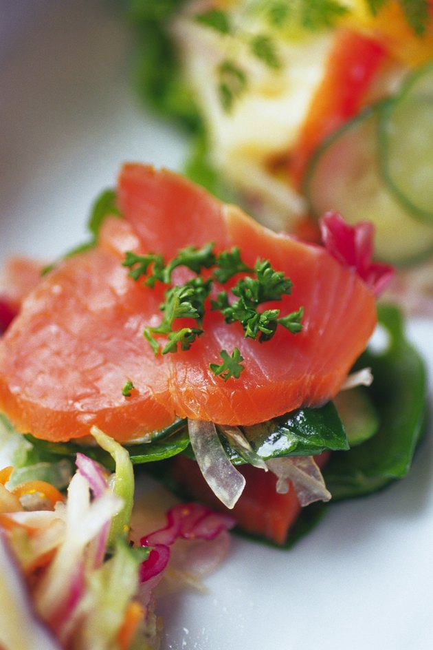Smoked salmon salad on plate, Differential Focus, Close Up