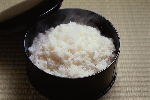 Cooked rice in bowl, high angle view