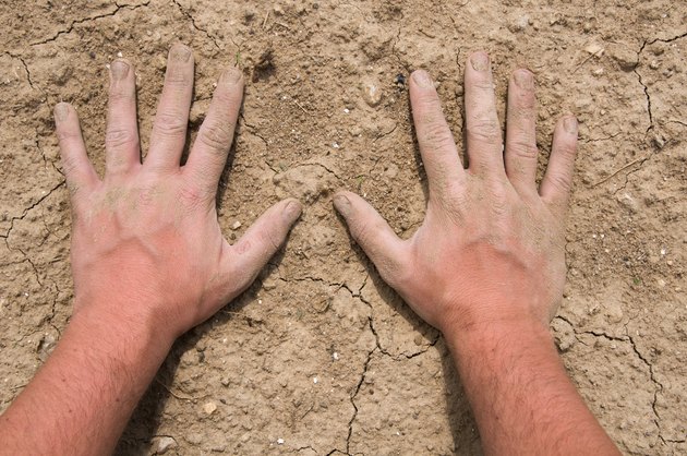 Hands of farmer on soil during drought
