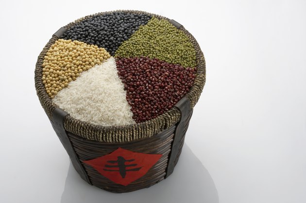 Rice bucket filled with Chinese grains and