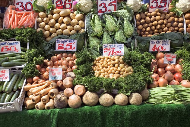 Vegetables display with prices at a store