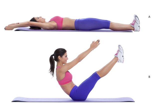 Step by step instructions for abs: Lie on the ground with your legs straight and feet together. Bring both arms overhead and rest them beside your ears. (A) Simultaneously, lift your legs and torso off the ground. Bring your arms forward and reach for your ankles as you balance on your hips. Reverse the movement and return to the starting position. (B)
