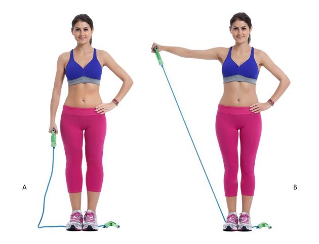 Step by step instructions: Slip one end of the band under your right foot, anchoring it to the floor. (A) Slowly raise your right arm laterally, pivoting only from the shoulder. The elbow joint must not move at any time during this exercise. (B)