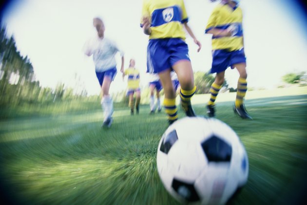 Low angle view of a girls soccer team playing soccer on a field