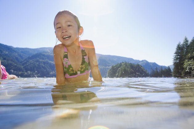 Asian girl standing in lake