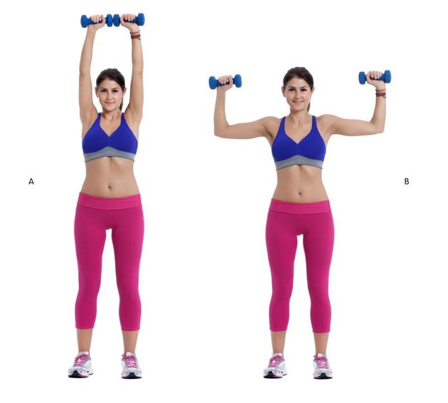 Step by step instructions: Stand with your feet hip-width apart, holding a pair of dumbbells, palms facing away from you. Curl the weights to shoulder height. (B) then rotate your hands so that your palms face forward and press the dumbbells toward the ceiling until your arms are extended directly overhead. (A)