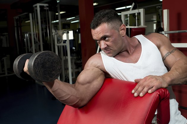 Man In The Gym Exercising Biceps With Dumbbells