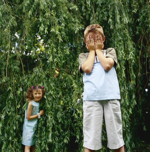 Brother With Hands Over His Face Playing Hide and Seek With His Sister in a Garden