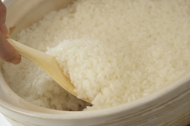 Boiled rice in crock pot, close up