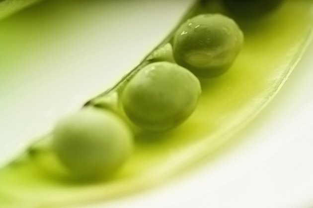 Image of an open pea pod on a plate, close-up, selective focus