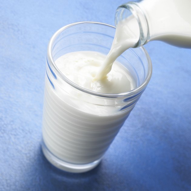 pouring milk into a glass on blue textured background