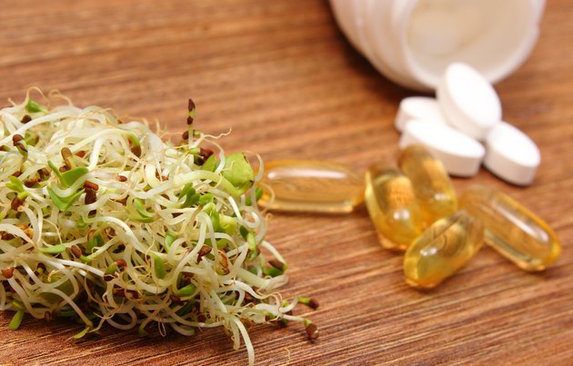 Alfalfa and radish sprouts with tablets supplements, healthy nutrition