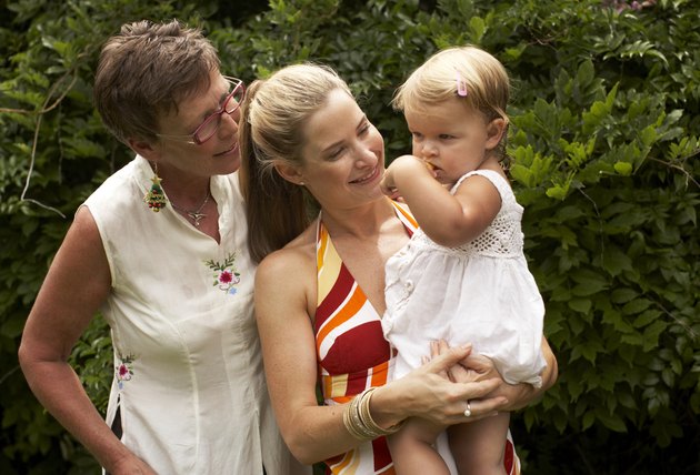 Grandmother, mother, and granddaughter (20-24 months) in yard