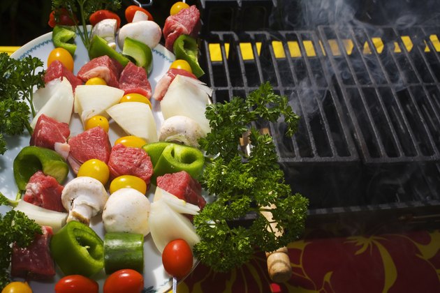 Barbecue scene, Shish kabob ready to be put on the grill.