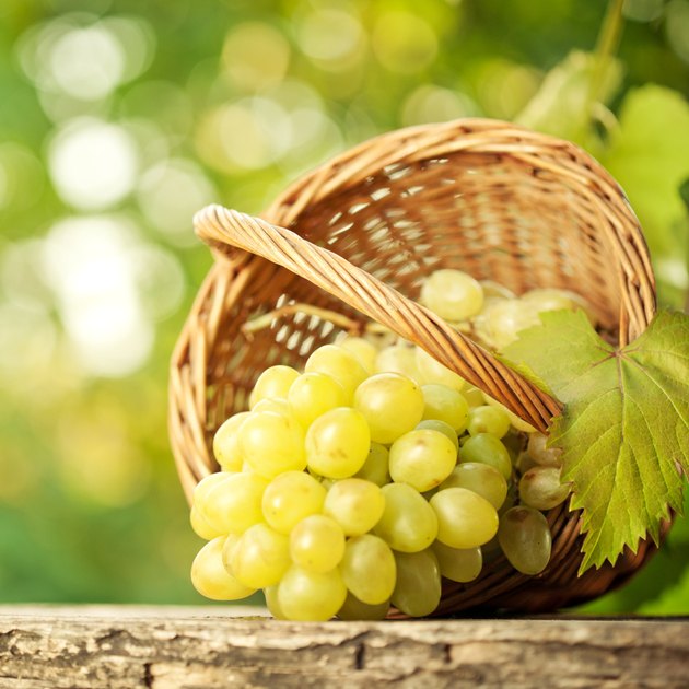 Bunch of graped and vine leaf in basket
