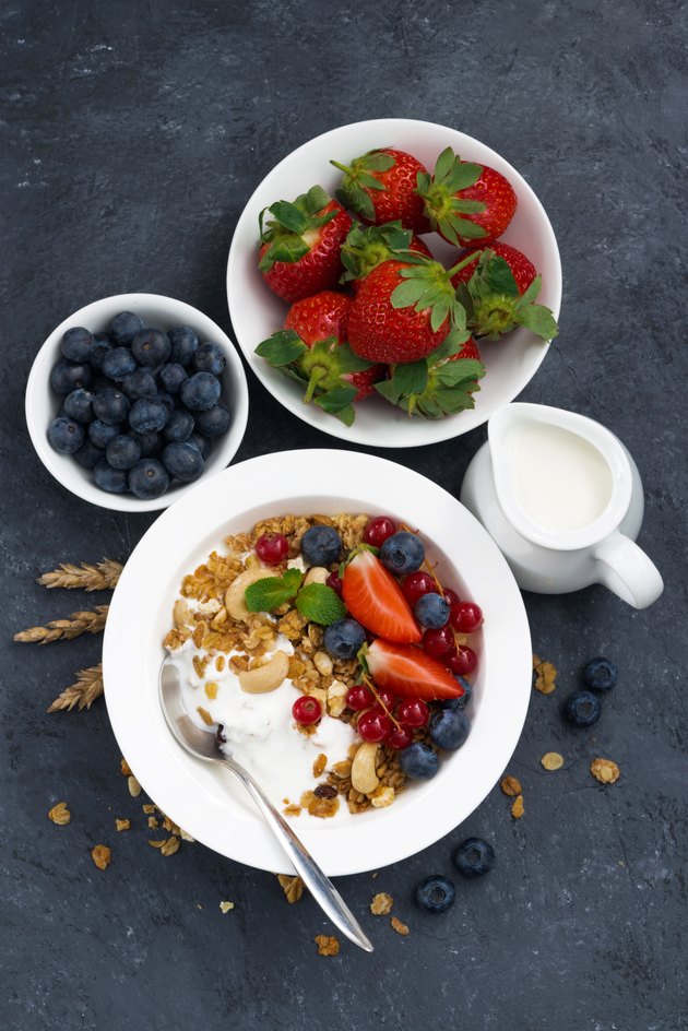 baked muesli with fresh berries and yogurt for breakfast
