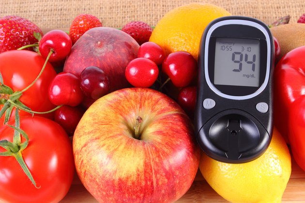 Glucometer with fruits and vegetables, healthy nutrition, diabetes