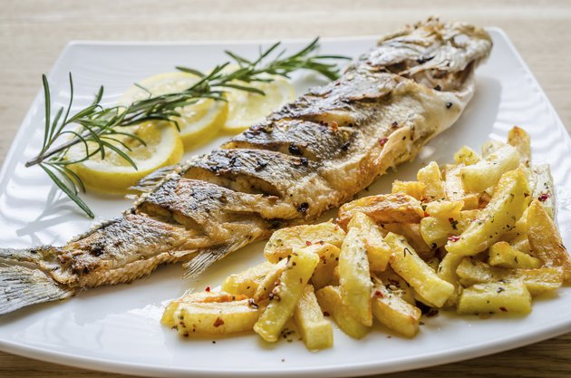 Baked seabass with fried potatoes