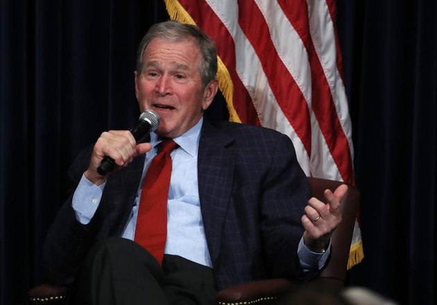 SIMI VALLEY, CA - MARCH 01: Former U.S. President George W. Bush speaks during a discussion about his new book ‘Portraits of Courage: A Commander in Chief’s Tribute to America’s Warriors’ at the Ronald Reagan Presidential Library on March 1, 2017 in Simi Valley, California. Former U.S. President George W. Bush spoke in conversation with Frederick J. Ryan Jr., Chairman of the Board of Trustees for the Ronald Reagan Presidential Foundation and Institute, about his new book of paintings and stories by honoring the sacrifice and courage of America’s military veterans. (Photo by Justin Sullivan/Getty Images)