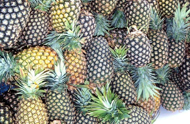 High angle view of a pile of pineapples