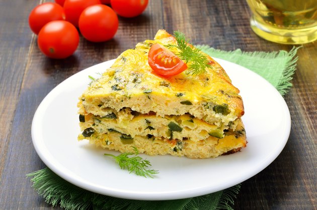 Omelet on white plate, close up