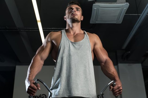 Body Builder Workout On Cable Machine. Standing Low Pulley Deltoid Raise