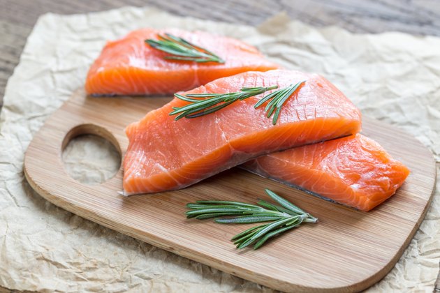 Raw salmon on the wooden board