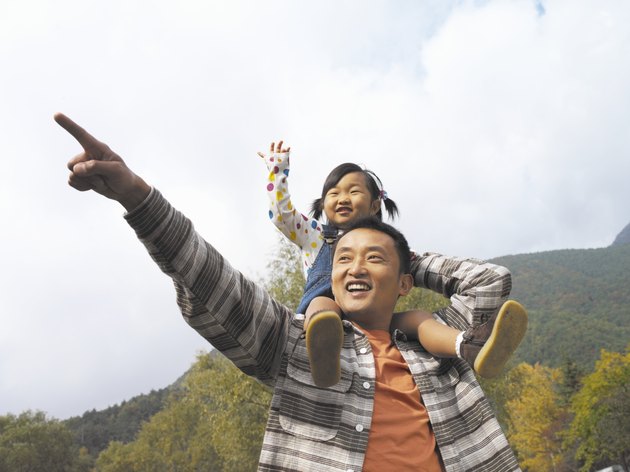 Father pointing, daughter (2-4) on father's shoulders, smiling