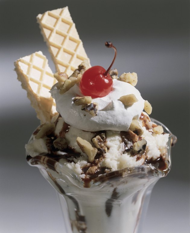 Close-up of hot fudge sundae in a glass