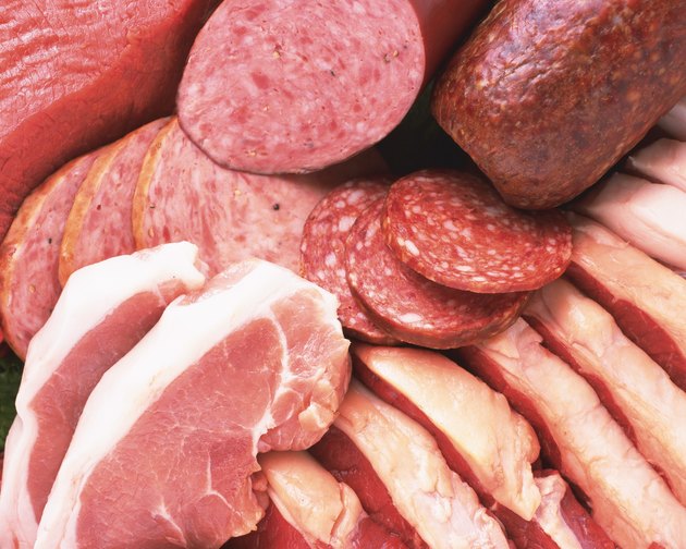 Variety types of processed food(ham, sausage), Full Frame, high angle view, close up