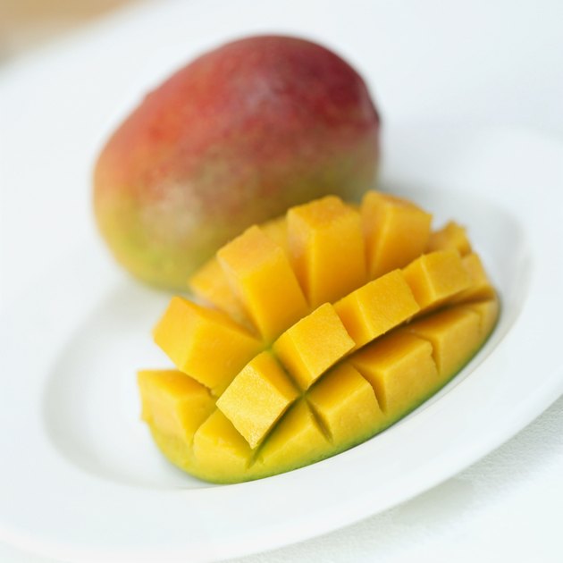 close-up of a mango slice cut into segments