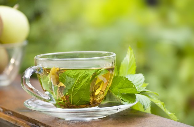 green mint tea and apples at nature background