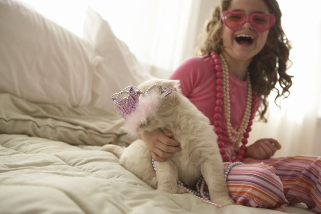 Young girl (8-10) with dog on bed, smiling