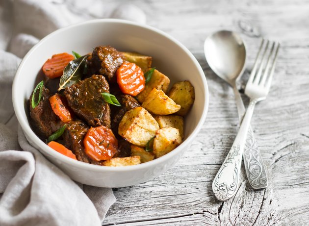 beef goulash with carrots and roasted potatoes