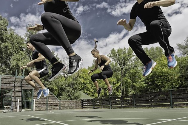 Fitness team doing a power jump exercise
