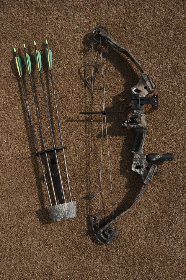 Hunting bow and arrows, overhead view