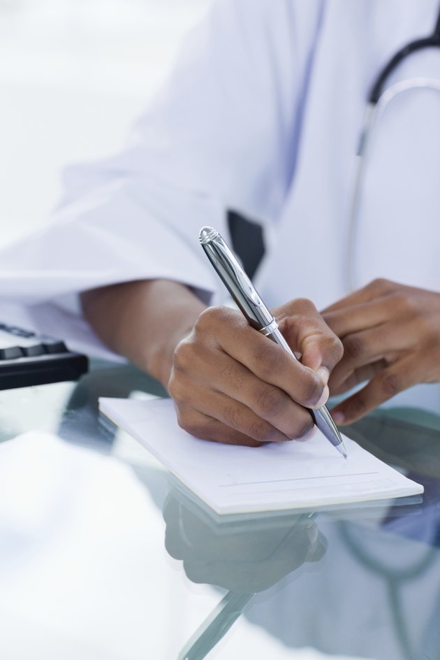 Portrait of a feminine hand writing on the prescription pad