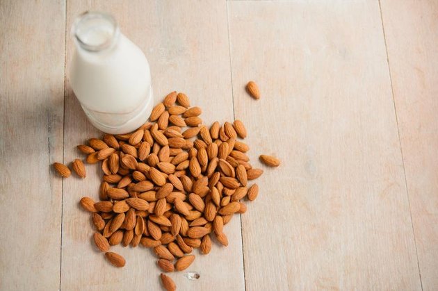 Almond milk in a glass bottle