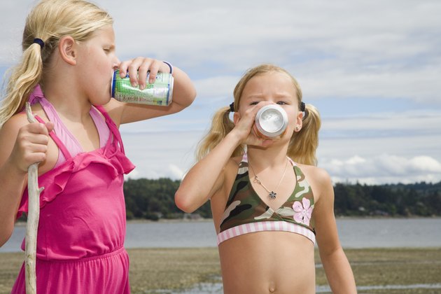 Two girls drinking soda