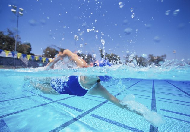 Female swimmer in United States swimsuit swimming pool