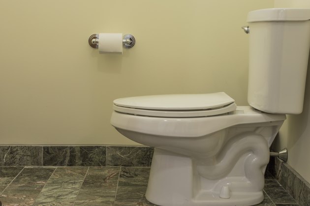 Toilet seat with toilet paper on tiled floor